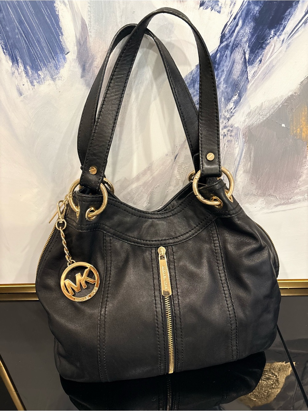 Vintage Michael Kors Black Real Leather Shoulder Bag with Gold Hardware